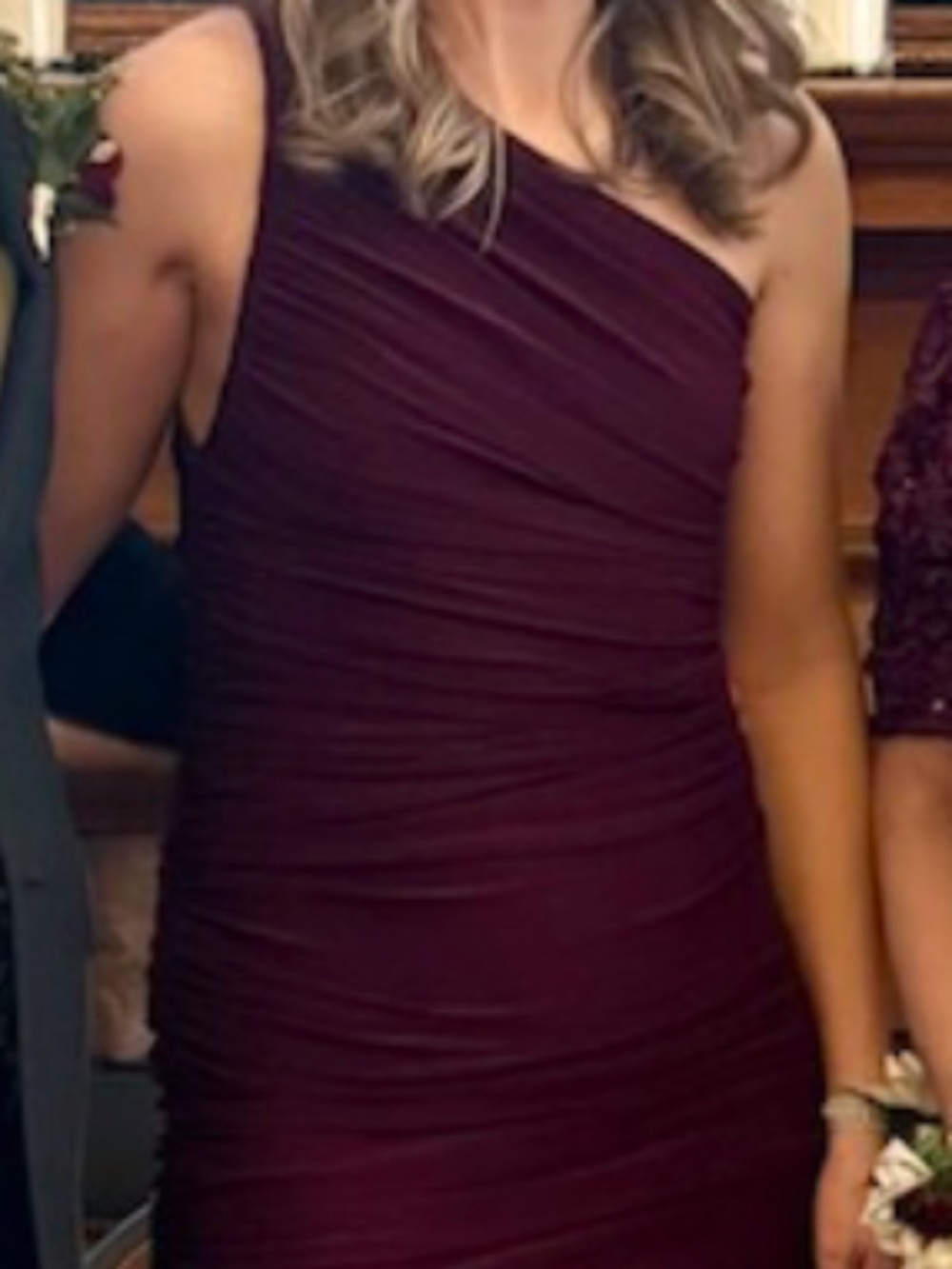 Norma Kamali One-Shoulder Ruched Midi Dress in Burgundy - Picture 4 of 6